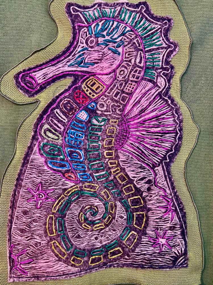 #1349  Seahorse Block Print from Ecuador with Embroidery Hand Dyed Tulle