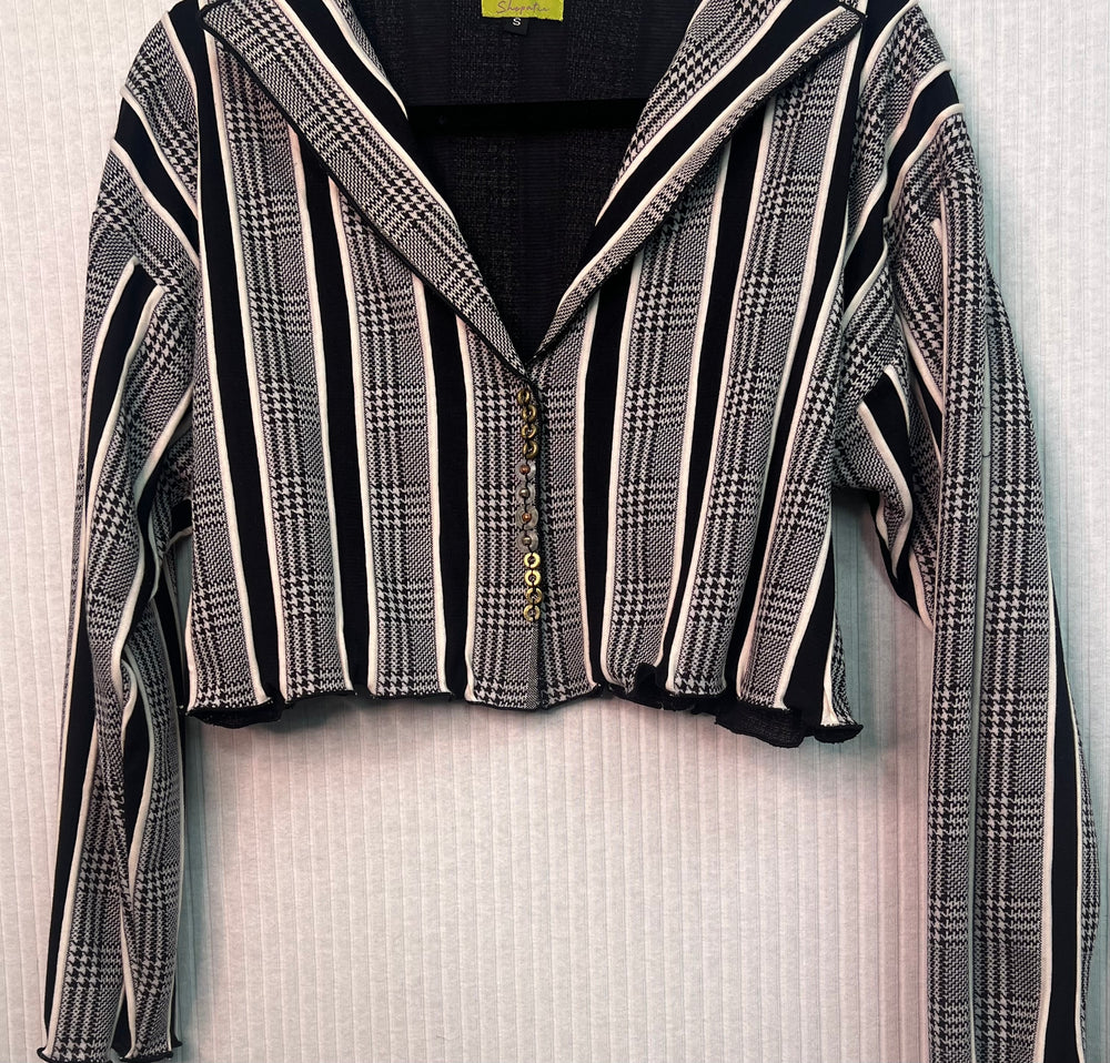 #1338 Easy Shrug Jacket Houndstooth Stripes, African Brass, Copper and Glass Beads