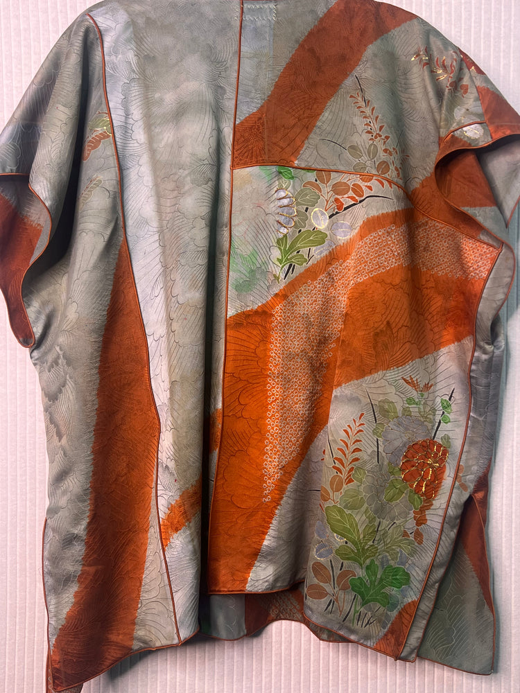 #1355 Risa Antique Over Dyed Silk Kimono with Metallic Embroidery