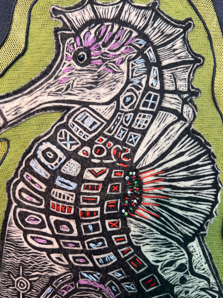 #1346 Seahorse Block Print from Ecuador with Embroidery, and Beaded and Hand Dyed Tulle