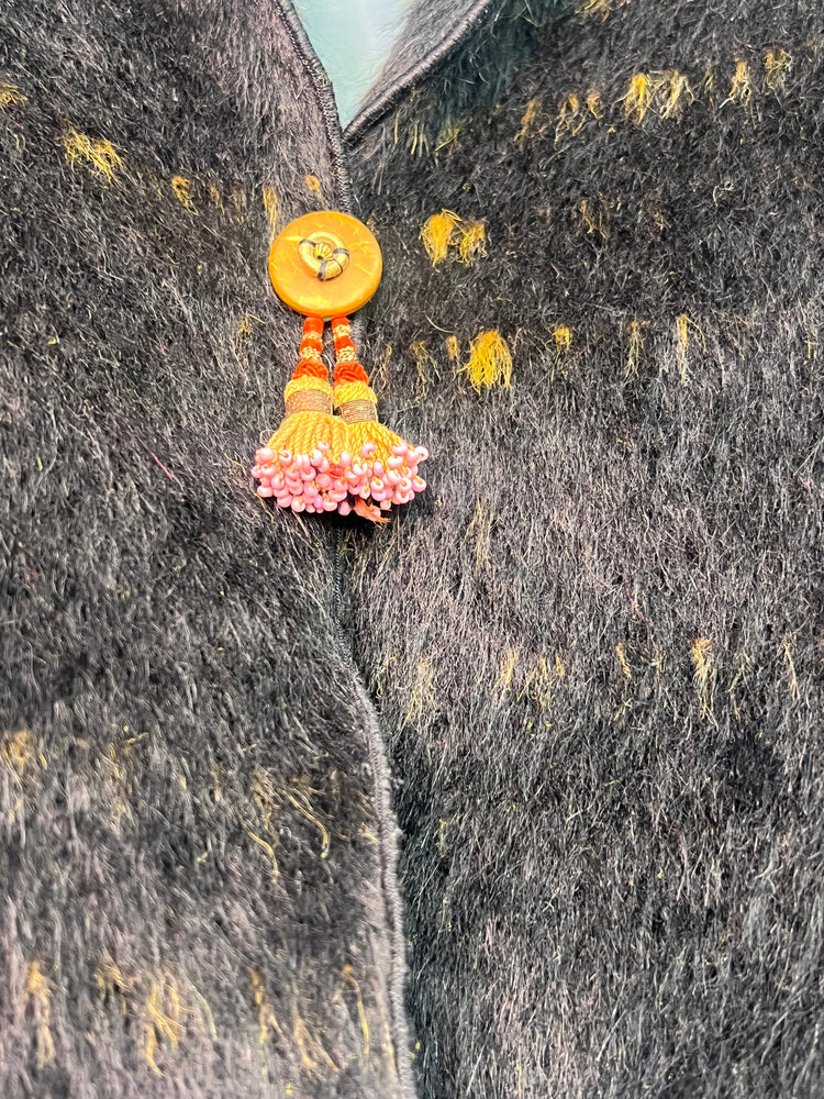 #1340 Wool Easy Shrug Jacket, Sill Lined, Antique Uzbek Tassels and African Beads