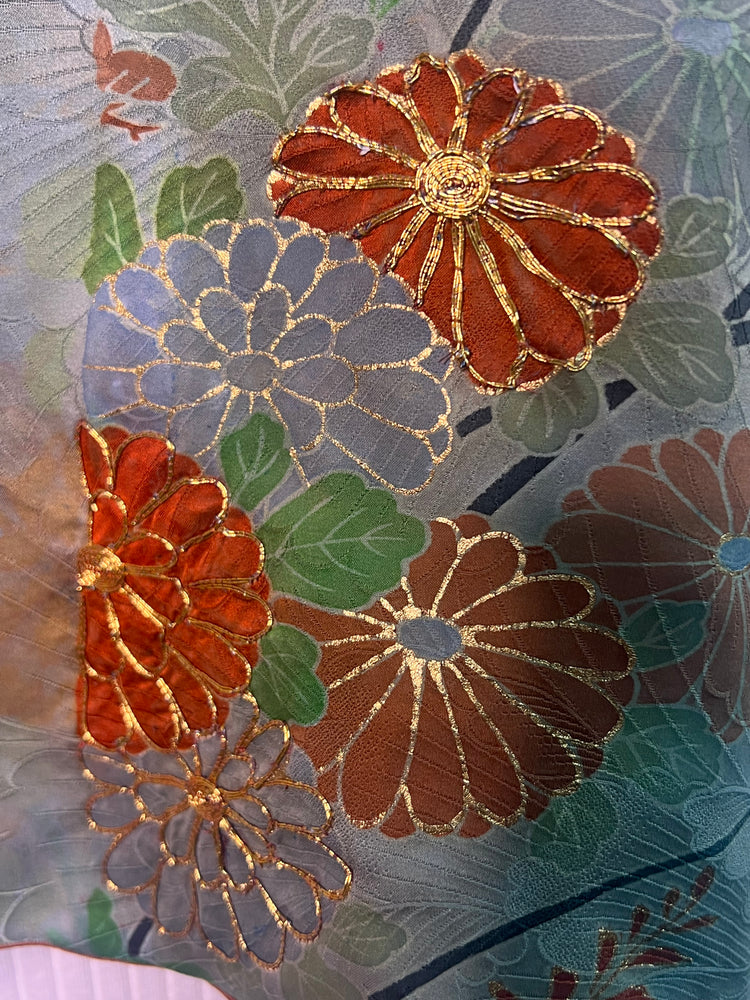 #1355 Risa Antique Over Dyed Silk Kimono with Metallic Embroidery