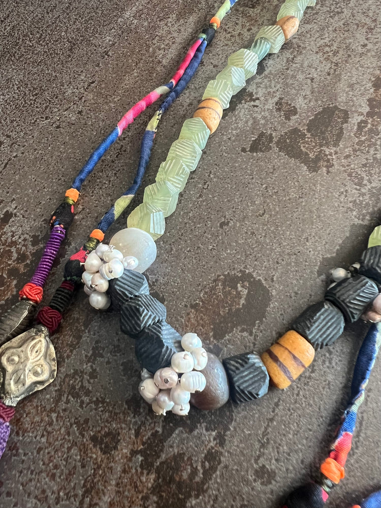 #1315 Turkey, Uzbekistan:  Jade, Pearls, African Glass, Silver, Antique Tassels, Glass Beads