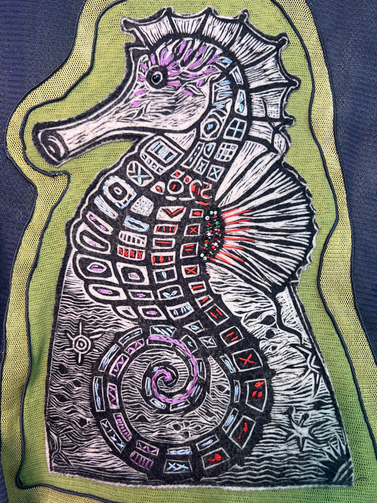 #1346 Seahorse Block Print from Ecuador with Embroidery, and Beaded and Hand Dyed Tulle