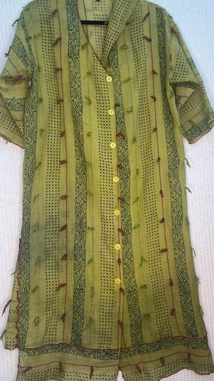 #123 Hand Block-Printed Mosaic Bella Dress Overdyed Green