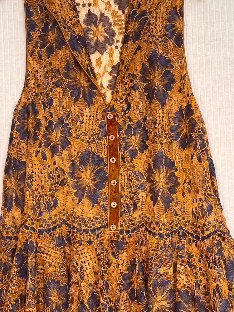 #1015 1800’s Vest Over Dyed Orange Belgian Lace