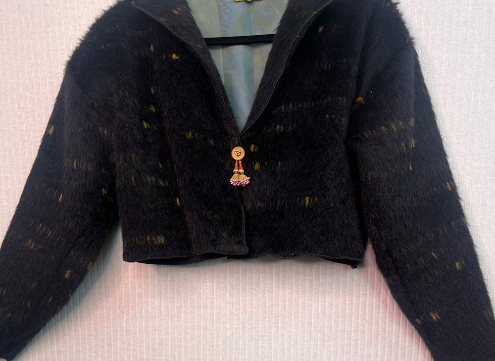 #1340 Wool Easy Shrug Jacket, Sill Lined, Antique Uzbek Tassels and African Beads