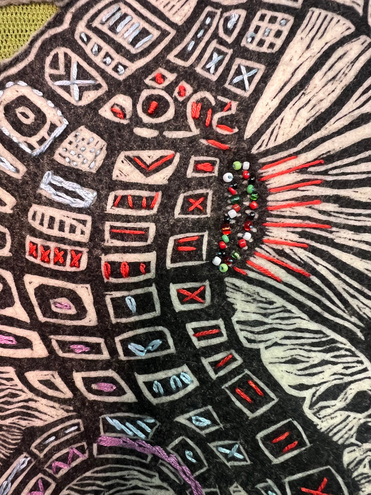 #1346 Seahorse Block Print from Ecuador with Embroidery, and Beaded and Hand Dyed Tulle