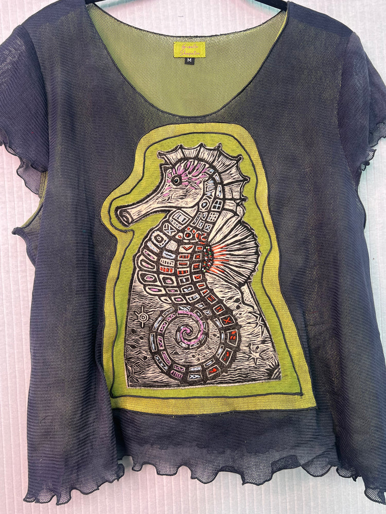#1346 Seahorse Block Print from Ecuador with Embroidery, and Beaded and Hand Dyed Tulle