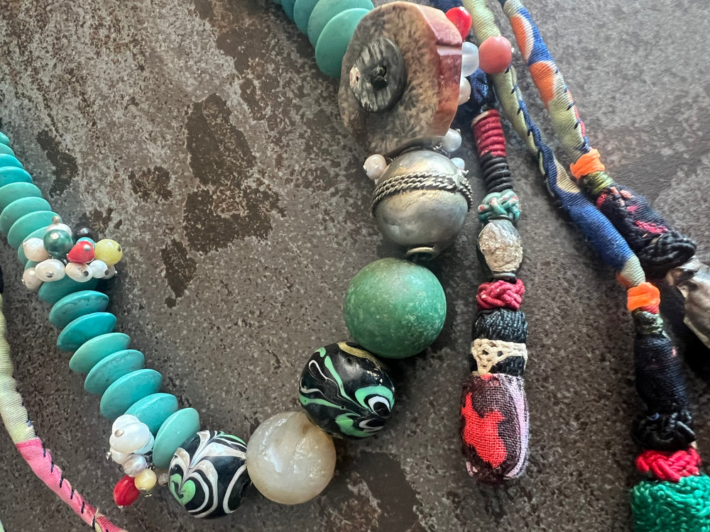 #1316Turkey, Uzbekistan:  Turquoise and Moreno Glass, Pearls, African Glass Beads, Silver, Tassels, Glass Beads