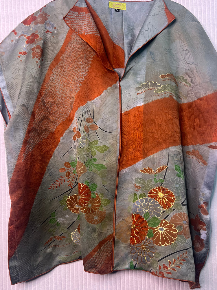 #1355 Risa Antique Over Dyed Silk Kimono with Metallic Embroidery