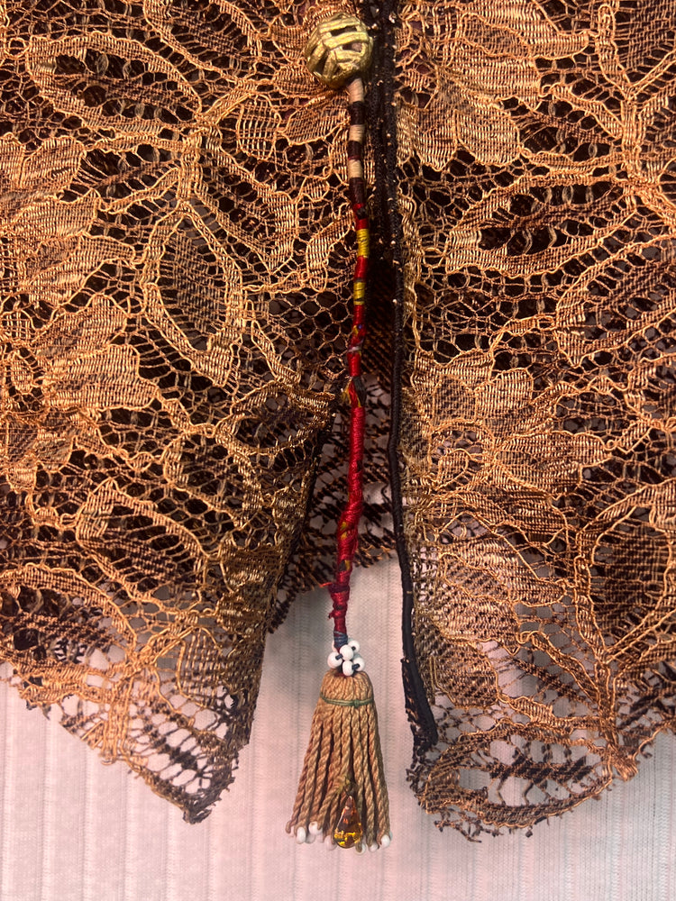 #1259 Easy Shrug Vest, HandDyed Silk and African Metal Beads with Antique Uzbek Tassel