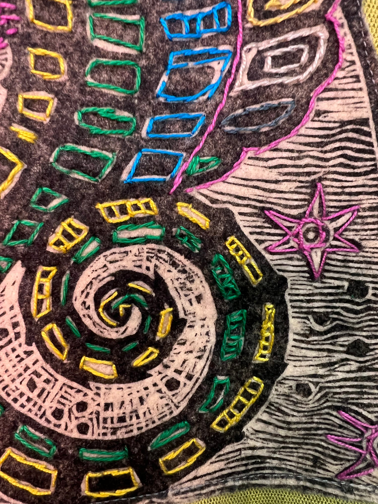 #1348  Seahorse Heart Block Print from Ecuador with Embroidery Hand Dyed Tulle