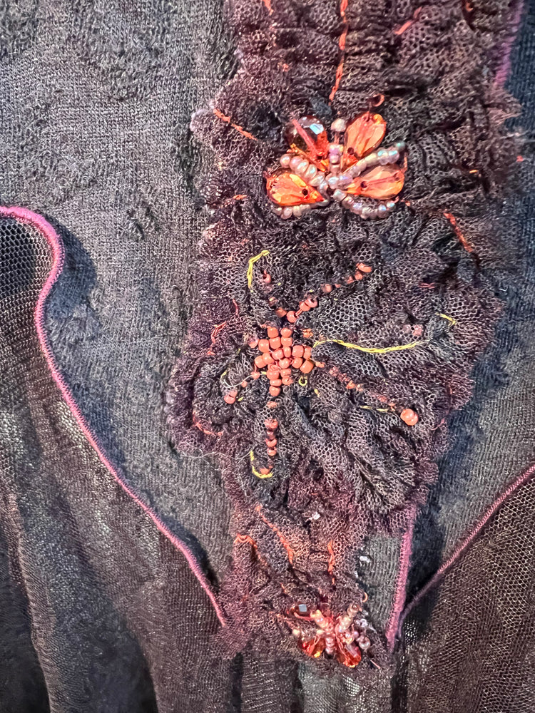 #891 Italian Wool Breezy Jacket with Mesh Tulle Godets, French Lace flowers and Swarovski Crystals