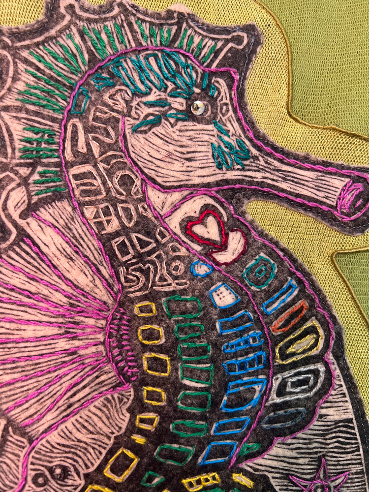 #1348  Seahorse Heart Block Print from Ecuador with Embroidery Hand Dyed Tulle