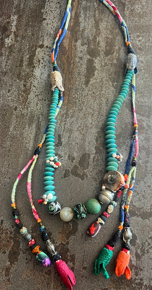 #1316Turkey, Uzbekistan:  Turquoise and Moreno Glass, Pearls, African Glass Beads, Silver, Tassels, Glass Beads