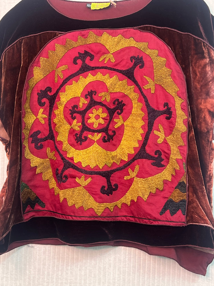 #1289  Earl’s Top Embroidered Uzbeki Suzani HandDyed Velvet Antique
