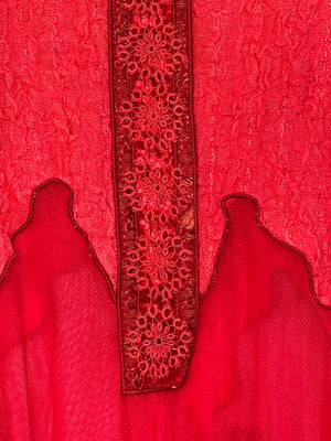 #1030  Breezy Hand Dyed Red Cotton Gauze and Velvet with Handmade Bobbin Lace