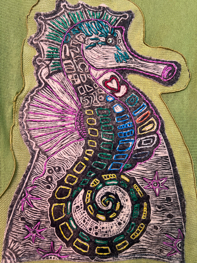 #1348  Seahorse Heart Block Print from Ecuador with Embroidery Hand Dyed Tulle