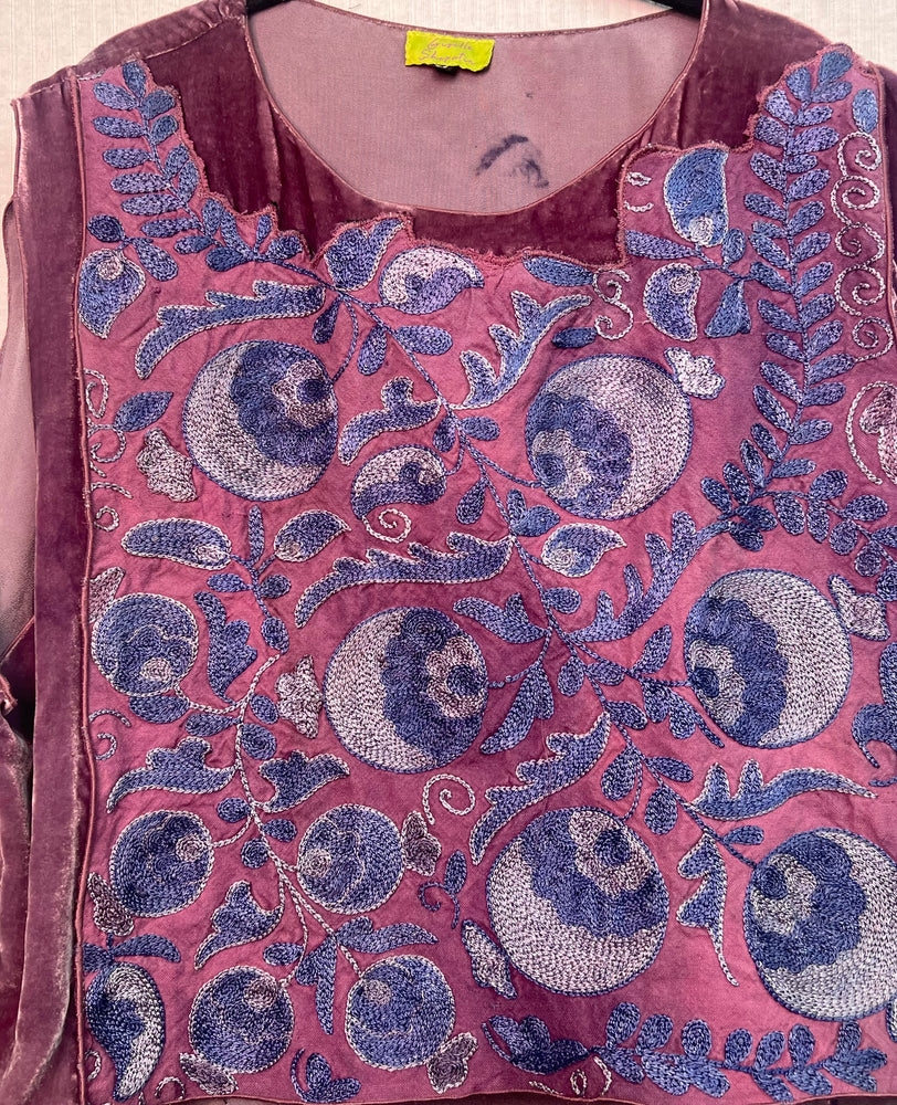 #1342 Natural Dye Embroidered Pomegranate Cotton Suzani, Velvet and Linen
