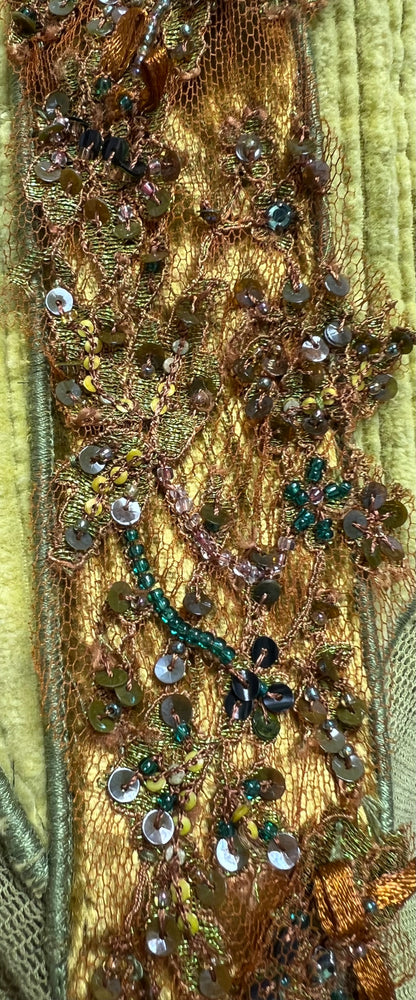 #975 Breezy Corduroy Dyed Greens with Overdyed French Metallic Lace, Swarovski Crystals