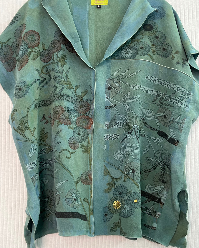 #1250 Risa Top OverDyed Silk Kimono Aqua Green