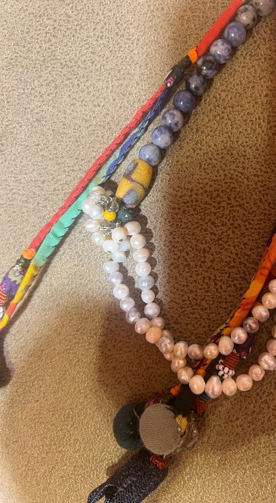 #1282 Lapis, Pearls, Antique Tassels, African Glass Bead Silver