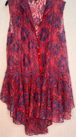 #1026  1800’s-Vest Red Over Dyed Belgian Lace