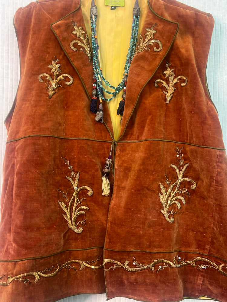 #1299 Ottoman Antique Metallic Embroidered Dancer’s Vest HandDyed Velvet, Silk Tassel