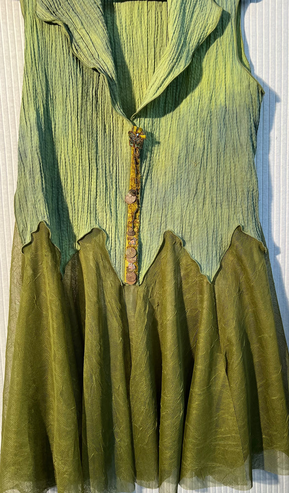 #889 Breezy Hand-Dyed Pleated Greens Vest with Mesh Godets and French Chantilly Lace Over-Dyed
