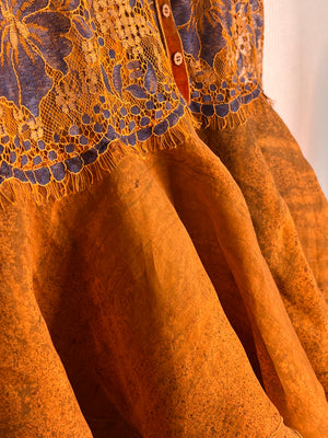 #1000 1800’s-Vest Hand Dyed Organza Orange and Over Dyed Belgian Lace