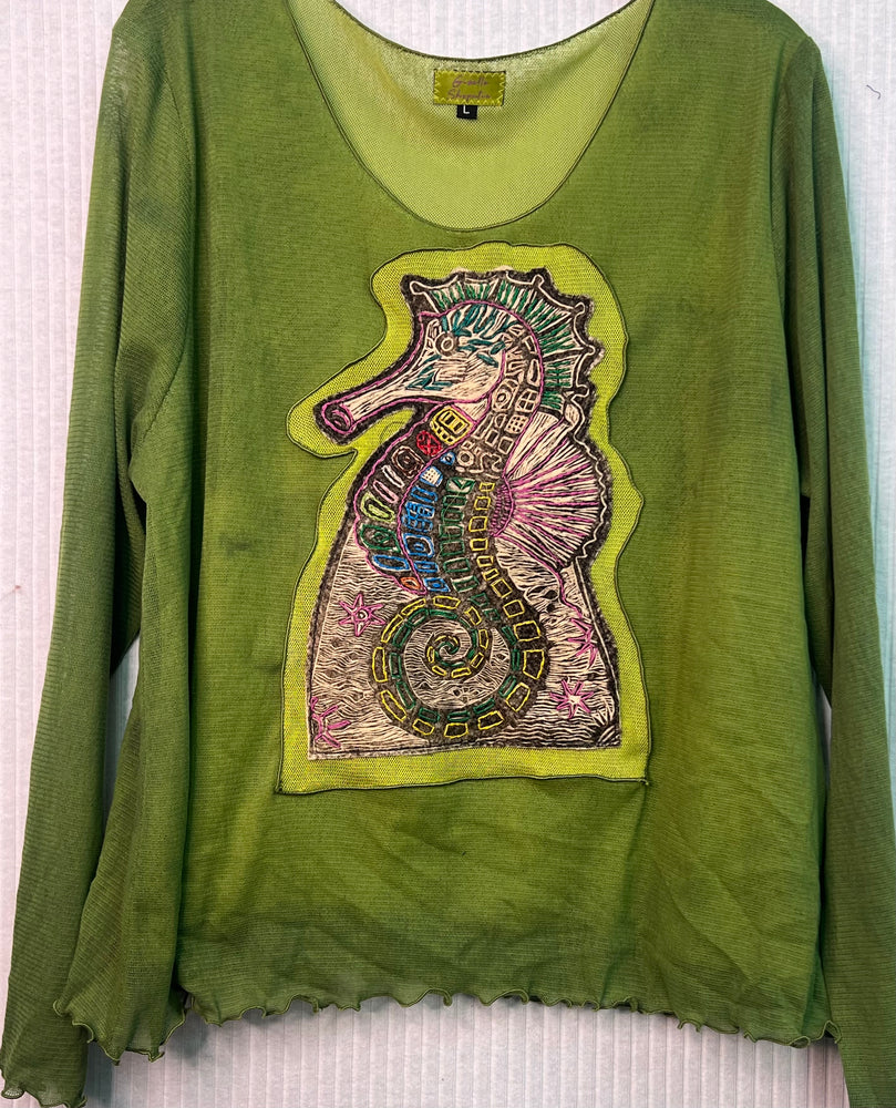 #1349  Seahorse Block Print from Ecuador with Embroidery Hand Dyed Tulle