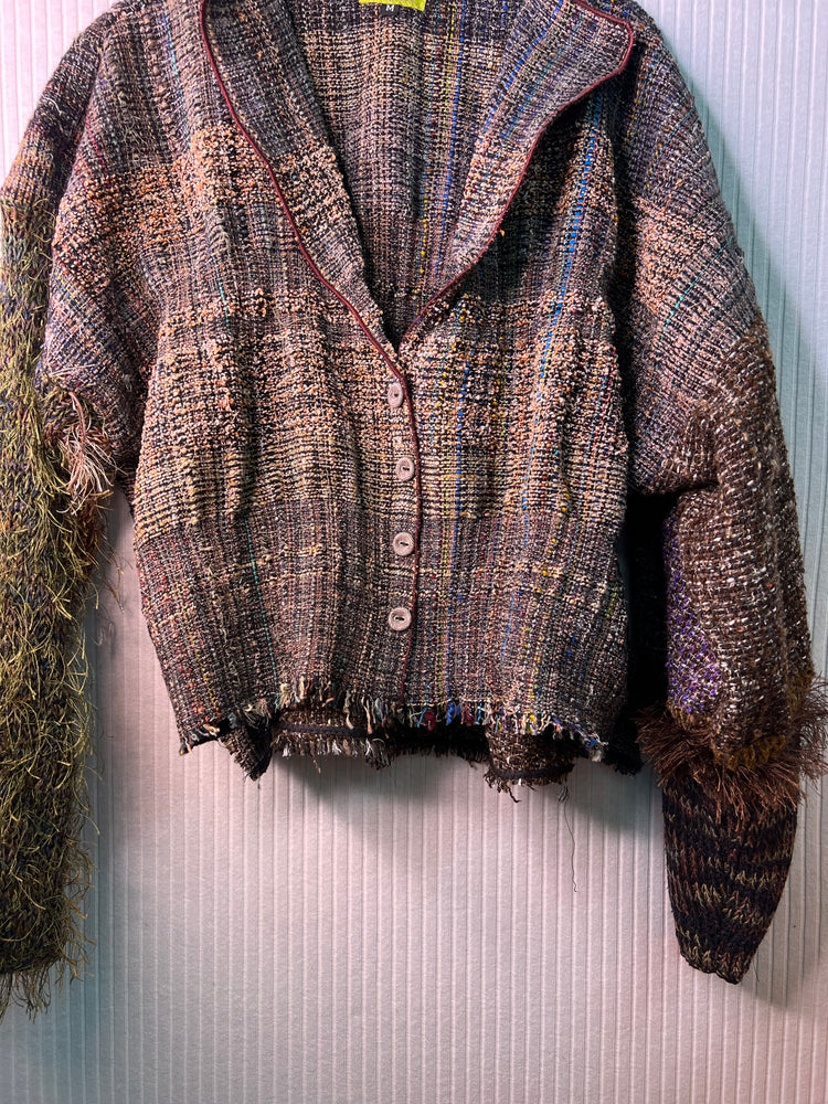 #1363  Easy Handwoven from our Studio Jacket with Plaid Buttons Knit Sleeves