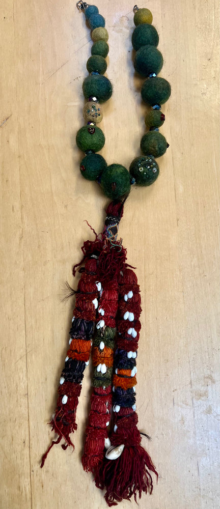 #1339 Felted HandDyed Wool Ball Beads with Semi Precious Stones and Sequins - Tribal Handmade Pakistan Tassel with Shells