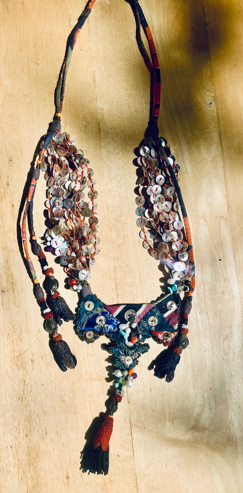 #1272 Turkey, Turkmenistan, Uzbekistan:  Mother of Pearl Buttons, Pearls, Coral, Turquoise, Tassels, Silver, Glass Beads