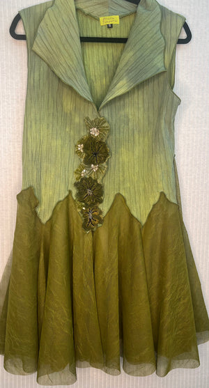 #897 Pleated Over Dyed Green Breezy Vest with French Flowers Overdyed