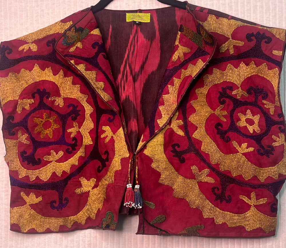 #1212 Easy Vest Shrug Embroidered Antique Suzani HandDyed Silk OverDyed Handwoven