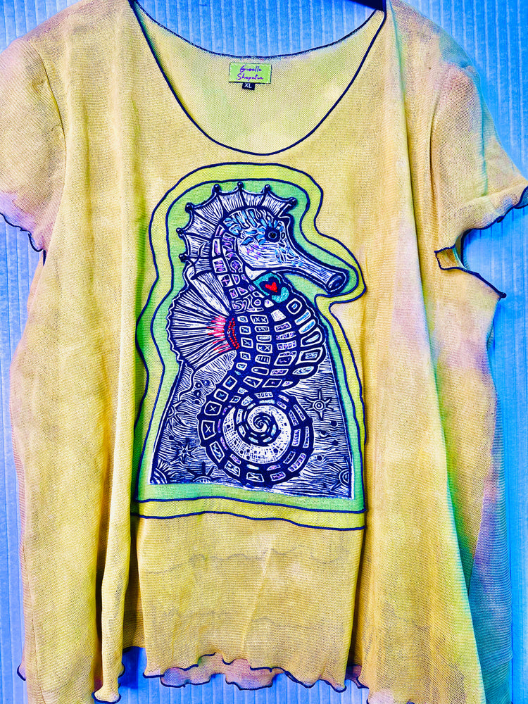 #1347 Seahorse Block Print from Ecuador with Embroidery Hand Dyed Tulle
