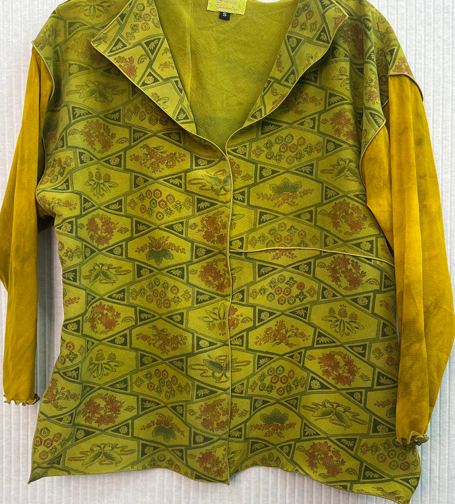#1254 Risa Top OverDyed Silk Kimono Chartreuse Green Sleeved