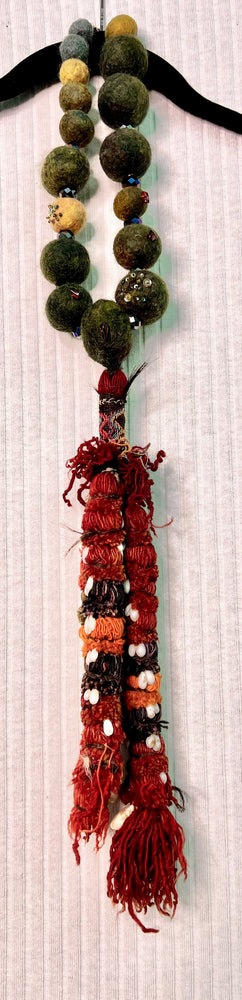 #1339 Felted HandDyed Wool Ball Beads with Semi Precious Stones and Sequins - Tribal Handmade Pakistan Tassel with Shells
