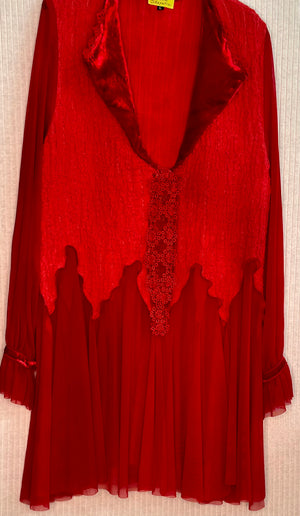 #1007 Breezy Hand Dyed Red Cotton Gauze and Velvet with Handmade Bobbin Lace