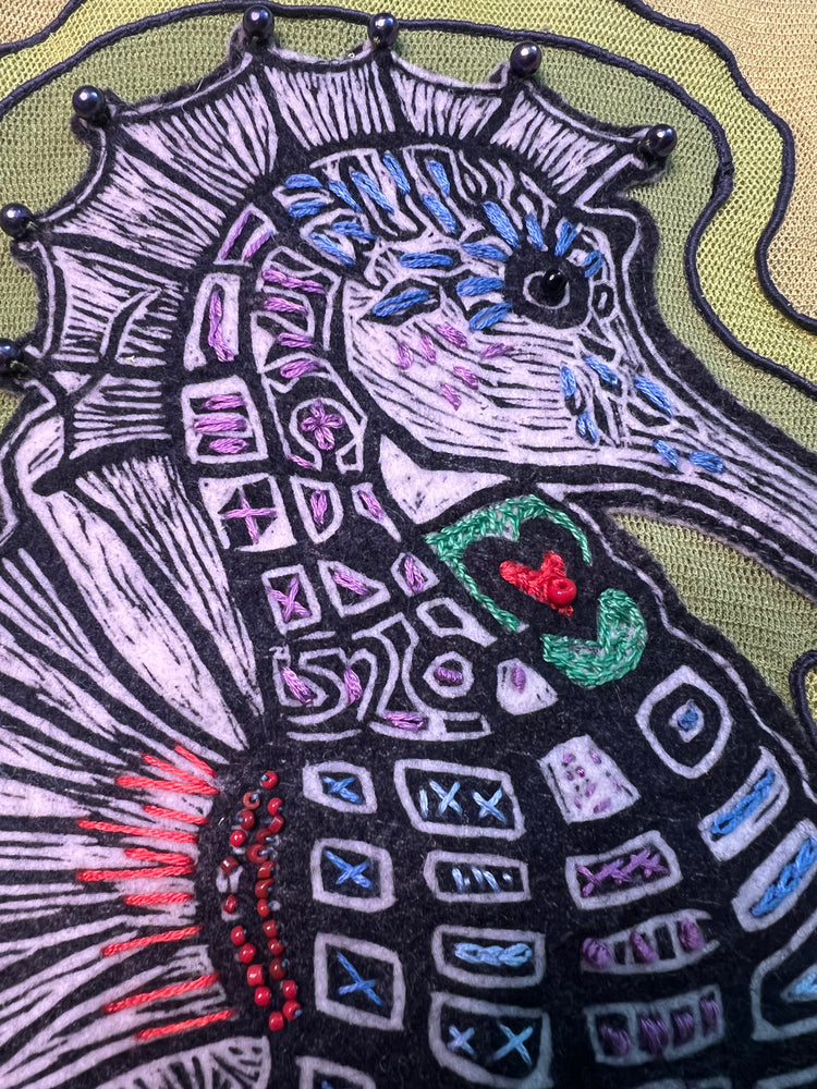 #1347 Seahorse Block Print from Ecuador with Embroidery Hand Dyed Tulle