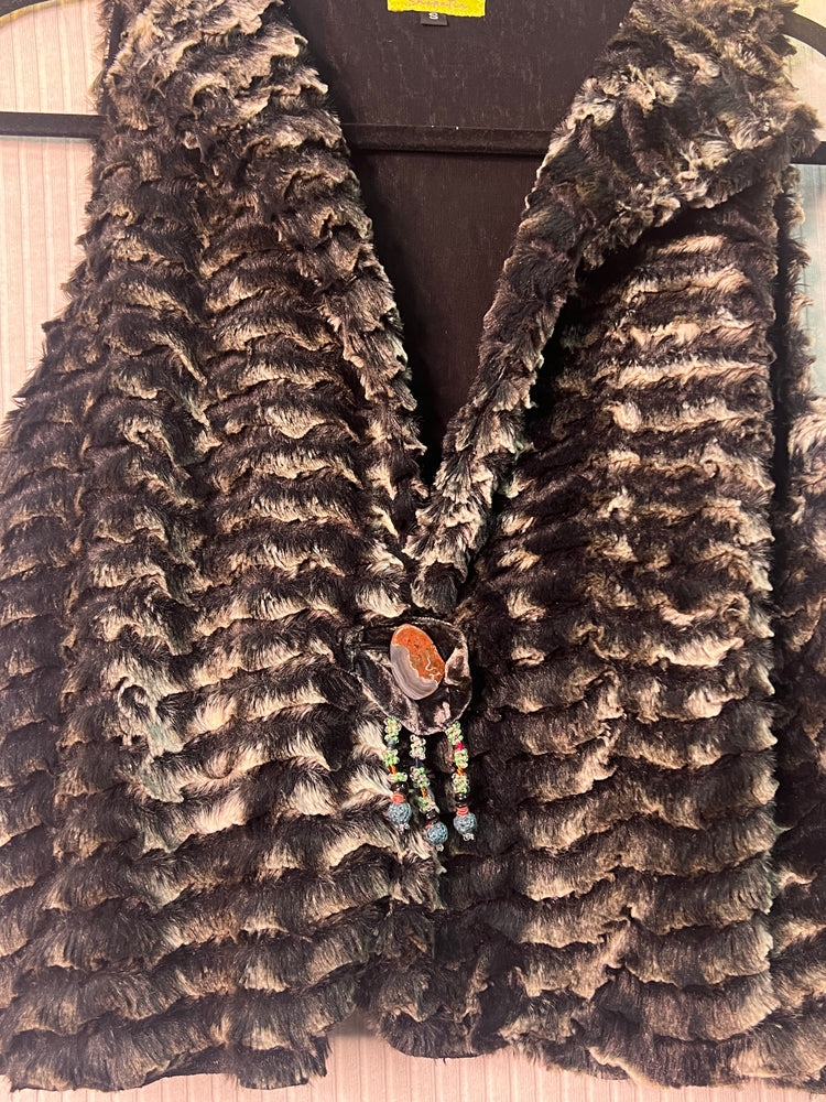#1354 Peter Pan Faux Fur Vest Antique Beaded Uzbek Tassels and Agate Button