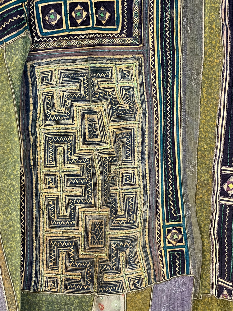 #1032 Overdyed Green Vietnamese Block Print, Embroidery Handwork