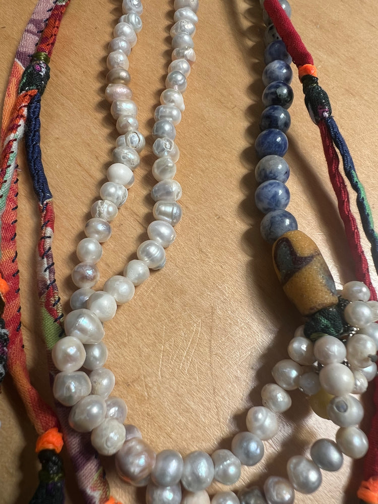 #1282 Lapis, Pearls, Antique Tassels, African Glass Bead Silver
