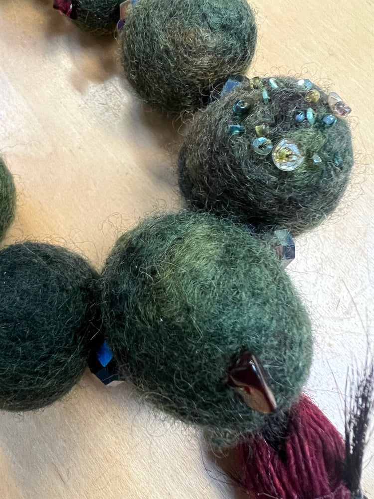 #1339 Felted HandDyed Wool Ball Beads with Semi Precious Stones and Sequins - Tribal Handmade Pakistan Tassel with Shells
