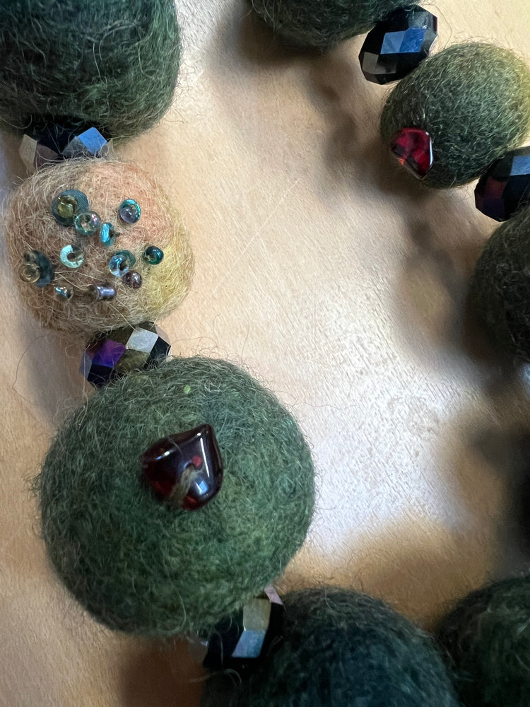 #1339 Felted HandDyed Wool Ball Beads with Semi Precious Stones and Sequins - Tribal Handmade Pakistan Tassel with Shells