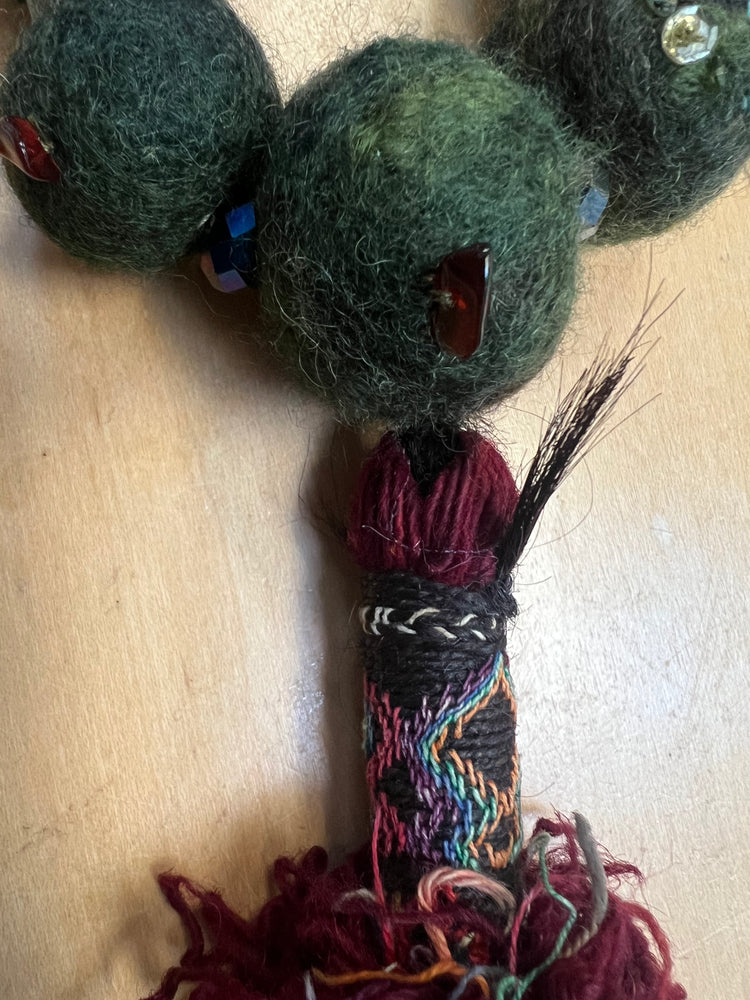 #1339 Felted HandDyed Wool Ball Beads with Semi Precious Stones and Sequins - Tribal Handmade Pakistan Tassel with Shells