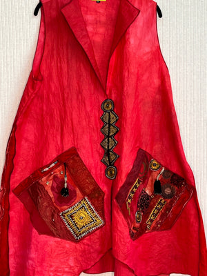 #991 Dancers Hand Dyed Reds Embellished Vest with Quan Yin