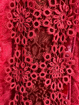 #1007 Breezy Hand Dyed Red Cotton Gauze and Velvet with Handmade Bobbin Lace